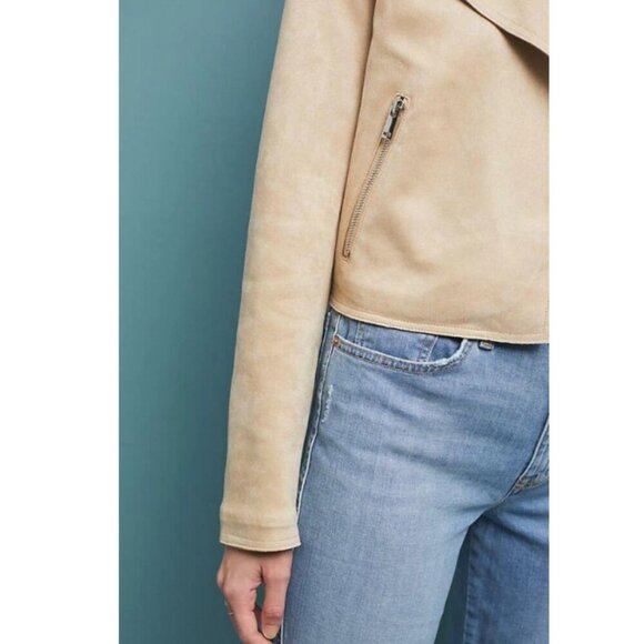Anthropologie Moto Crop Micro-Suede Jacket Womens XL Beige Open Front Pockets - Picture 3 of 6